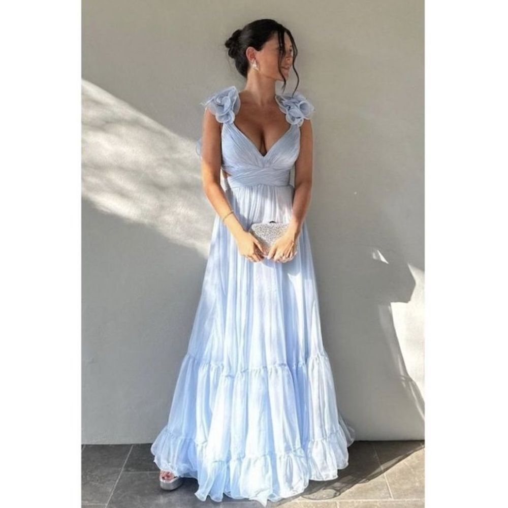 NWT Mac Duggal 67911 Ruffled Tiered Cut Out Chiffon Gown Dress Blue 2 - Picture 2 of 15